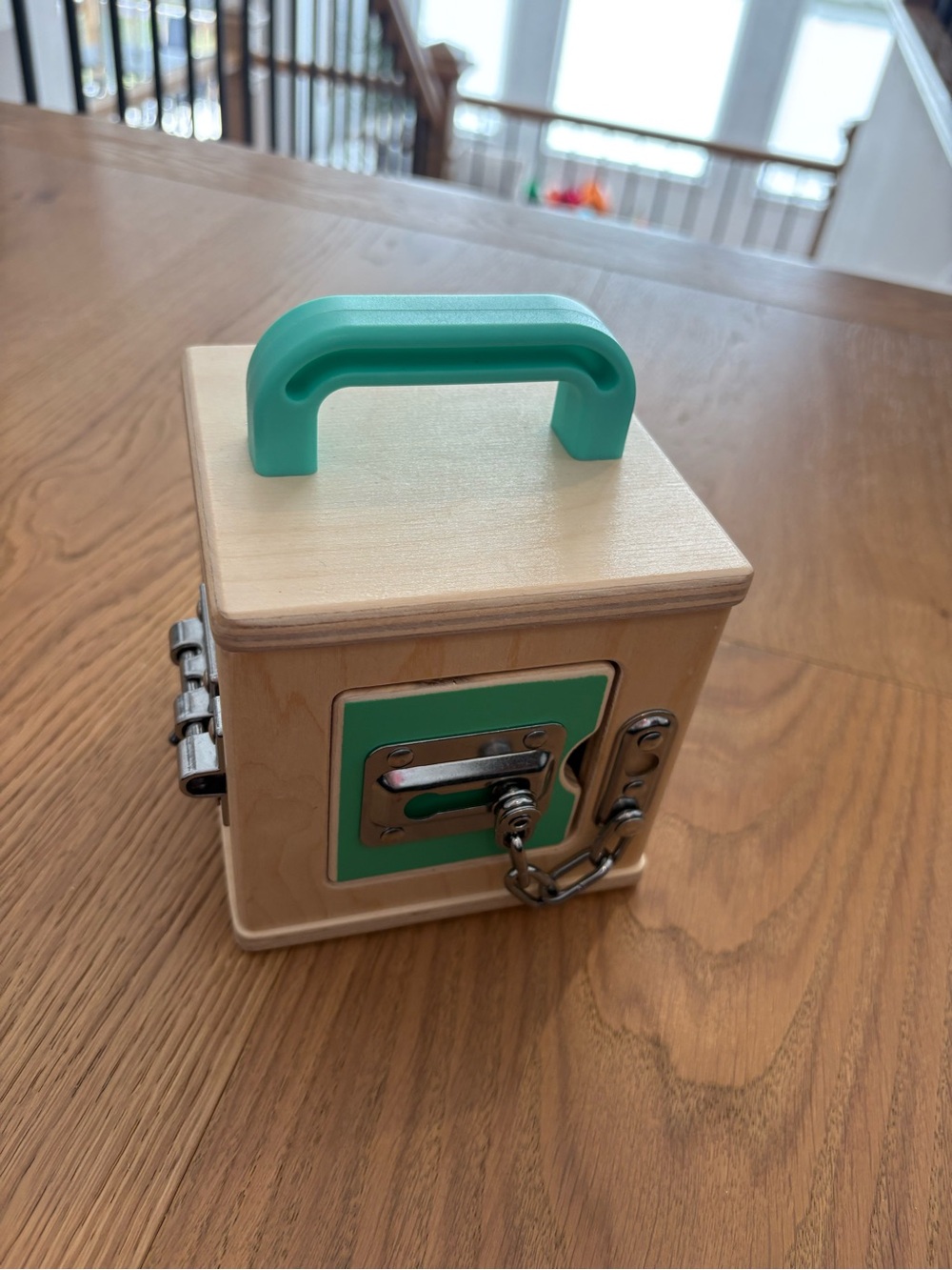 Wooden Learning Lock Box with Mint Green Handle - Kids Fine Motor Toy